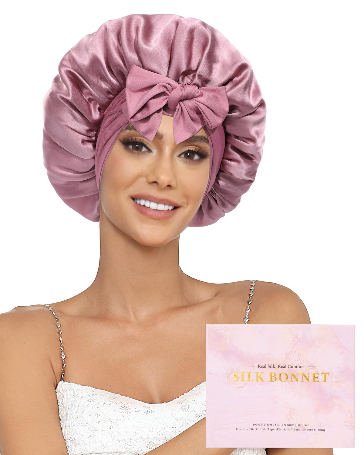 Ufgin 100% Mulberry Silk Bonnet for Sleeping Women Double Layer Silk Hair Bonnet Natural Silk Sleep Cap with Elastic Reversible 