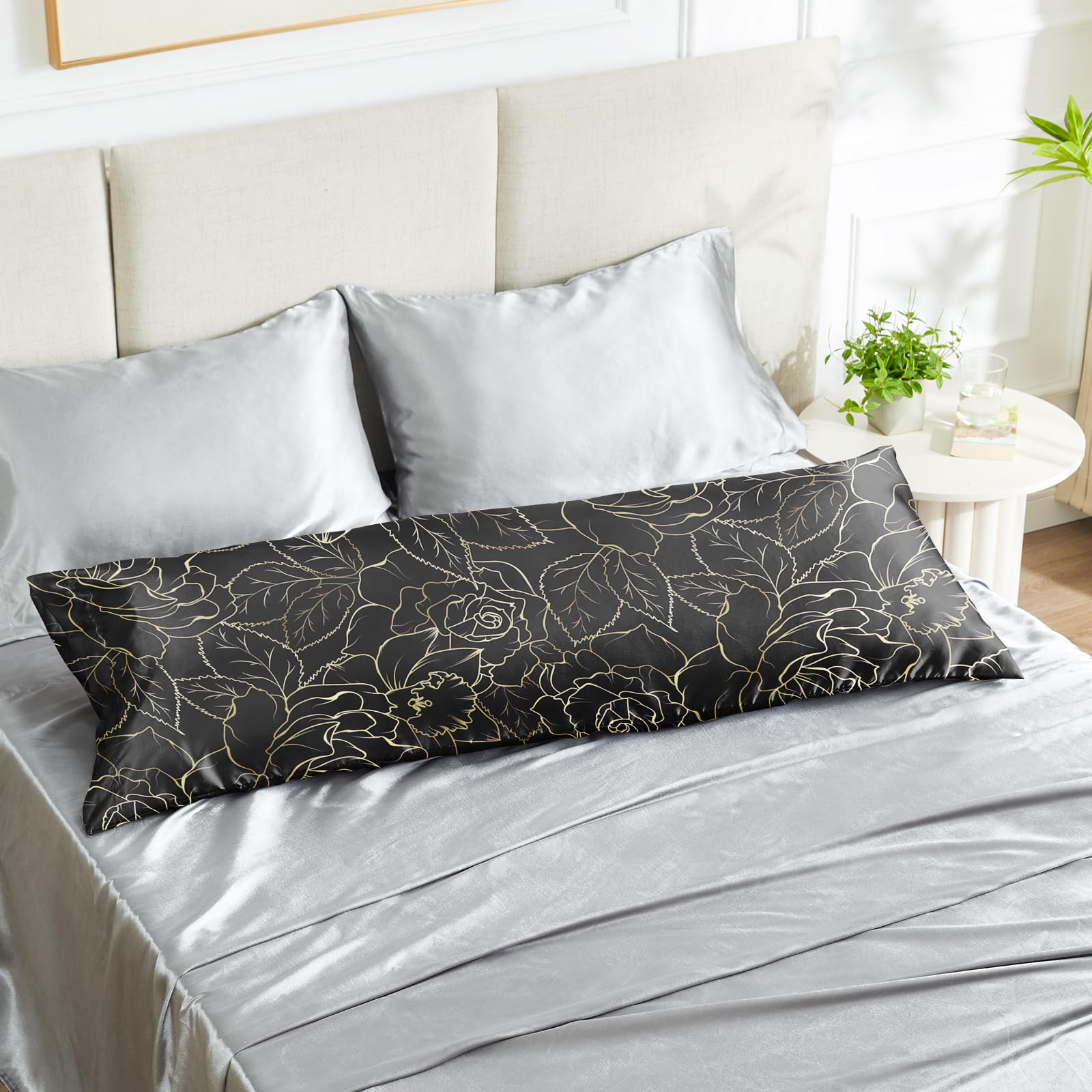 Exq Home Satin Body Pillowcase For Hair And Skin- Rose On Black Silk Long Pillowcase 20X54 Inches - Satin Pillow Cases With Enve