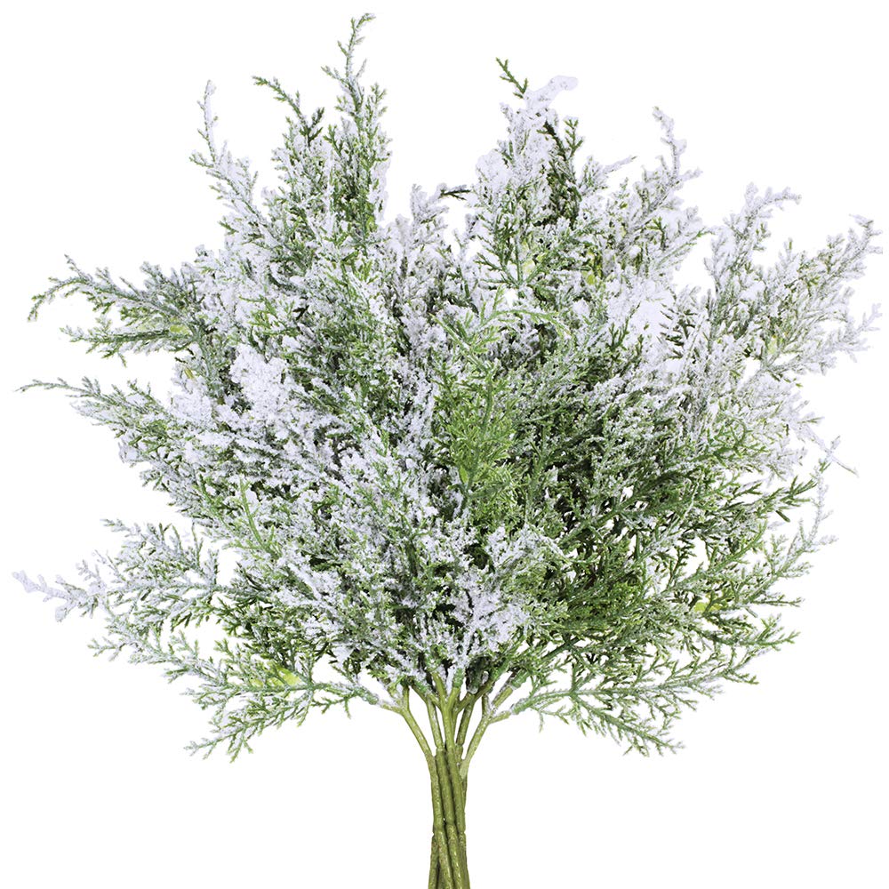 6 Pack Snowy Artificial Cedar Picks Stems Frosted Faux Cedar Spray Christmas Cedar Greenery Branches for Holiday Season Floral A