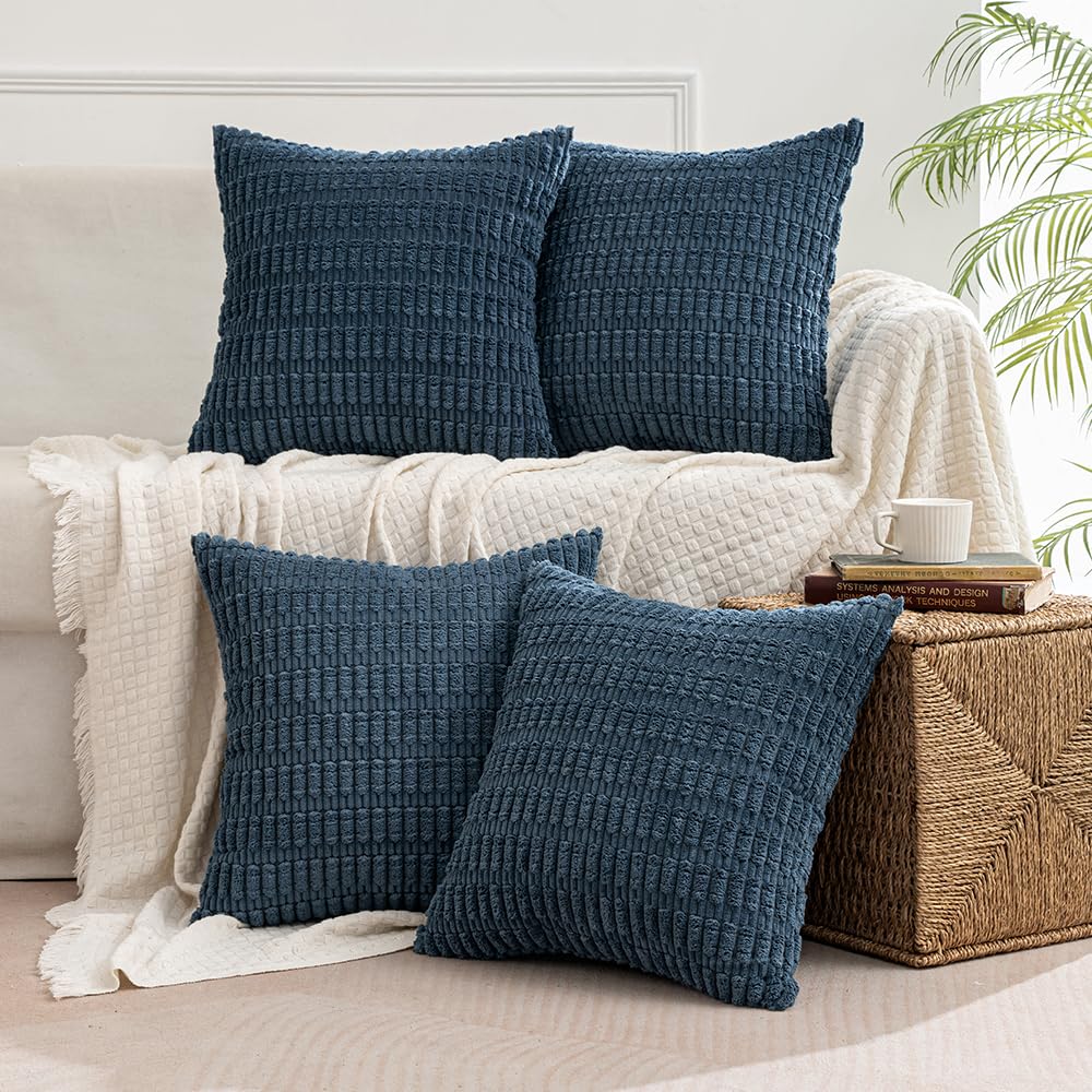 Miulee Pack Of 4 Blue Corduroy Decorative Throw Pillow Covers 18X18 Inch Soft Boho Striped Pillow Covers Modern Farmhouse Home D