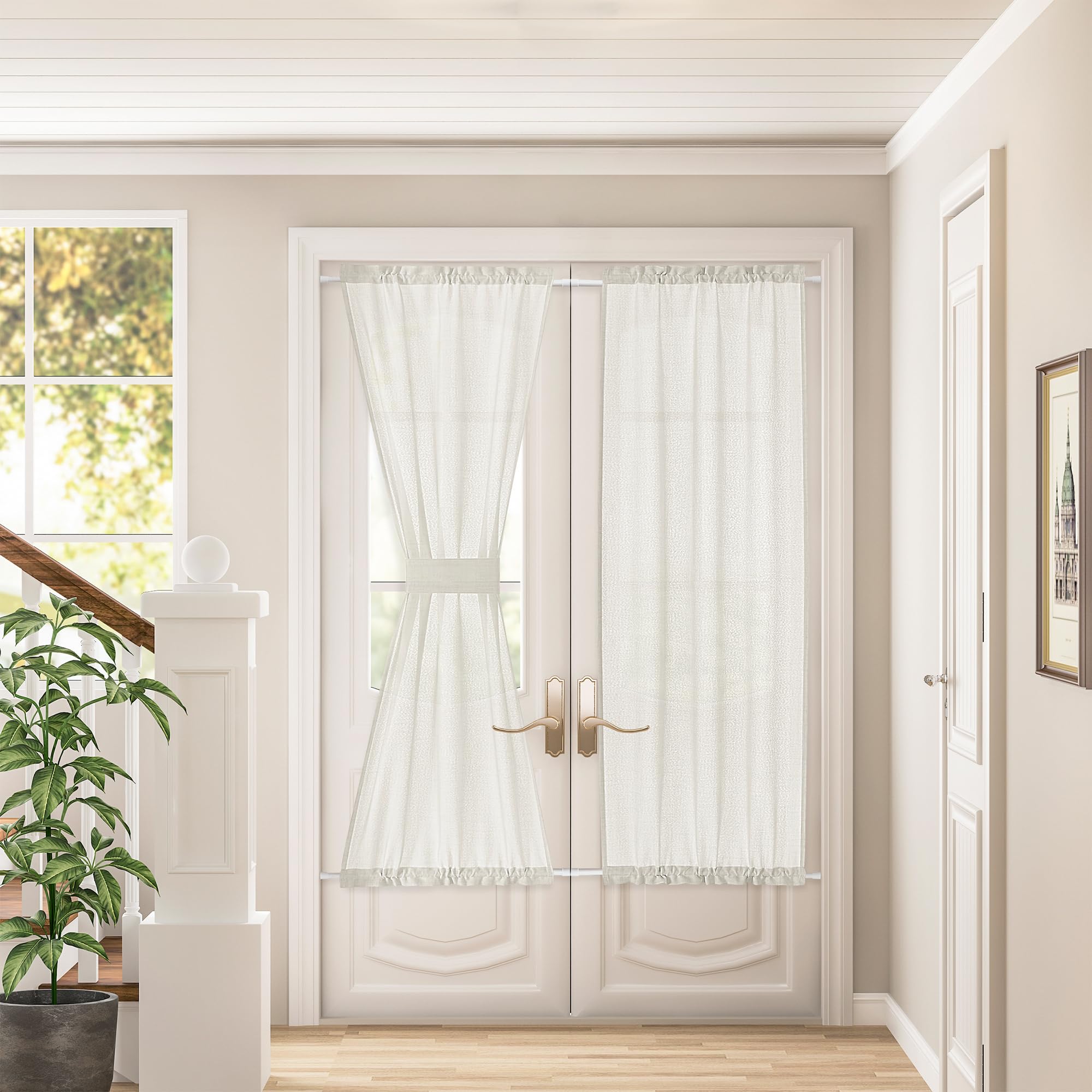 DUKIYO 2 Pack Cream Sheer Door Curtains 50W x 72L with Tiebacks, Chic Semi-Transparent Linen Drapes for Bedroom and French Doors