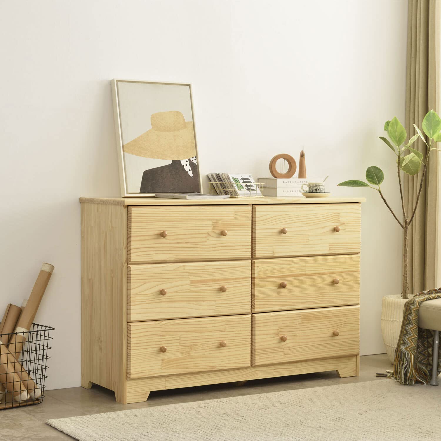 Better Home Products Solid Pine Wood 6 Drawer Double Dresser In Natural.