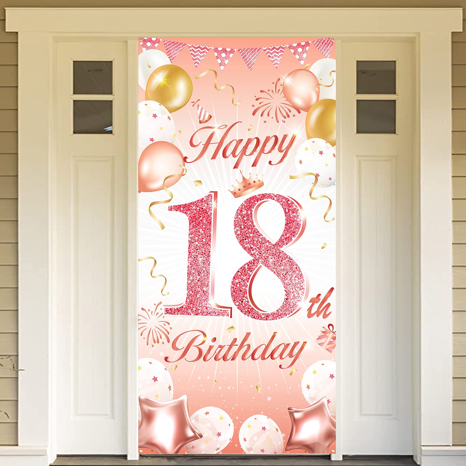 DPKOW Rose Gold 18th Birthday Party Decoration for Girl, Rose Gold 18th Birthday Banner for Backdrop Door Decoration,18th Birthd