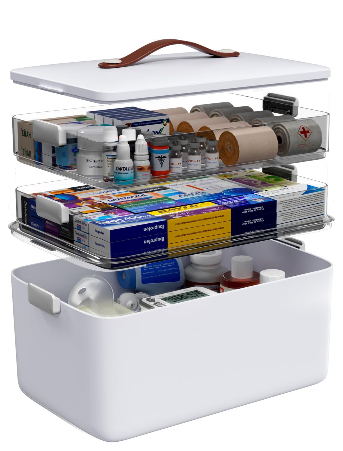 Medicine Organizer Box, 3Tier Medicine Storage Box with Clear Trays and Carry Handle, Empty First Aid Kit Organizer for Pills, 