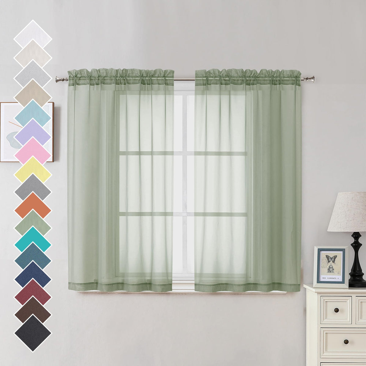 Ovzme 2 Panels Window Sage Green Sheer Curtains 42' X 45' Inches For Small Windows, Soft Touching Top Dual Rod Pocket Drapes F