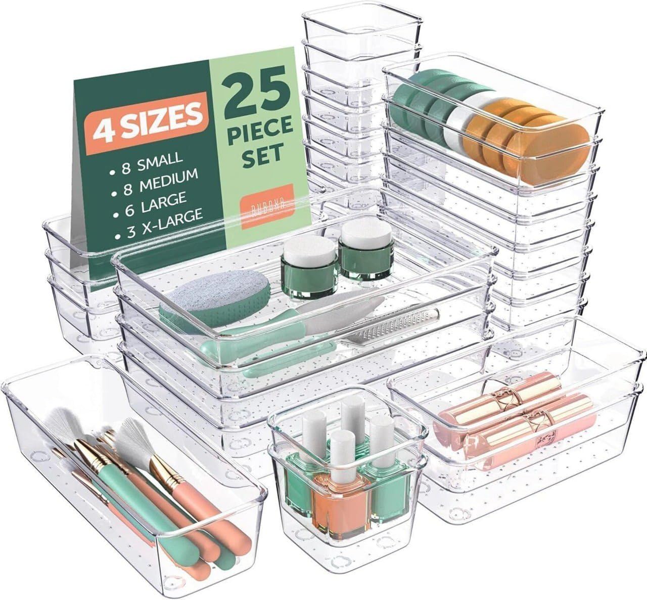 Eryxreon 25 Pcs Plastic Drawer Organizer Set, 4 Sizes Desk Drawer Divider Organizers And Storage Bins For Makeup, Jewelry, Gadge