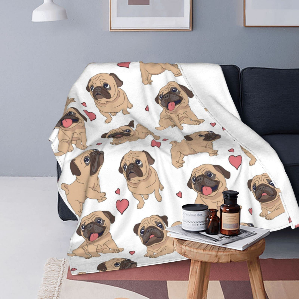 Cute Pug Dog Puppies Throw Blanket Soft Bed Blankets Lightweight Cozy Plush Flannel Fleece Blanket For Sofa Couch Bedroom 60'X5