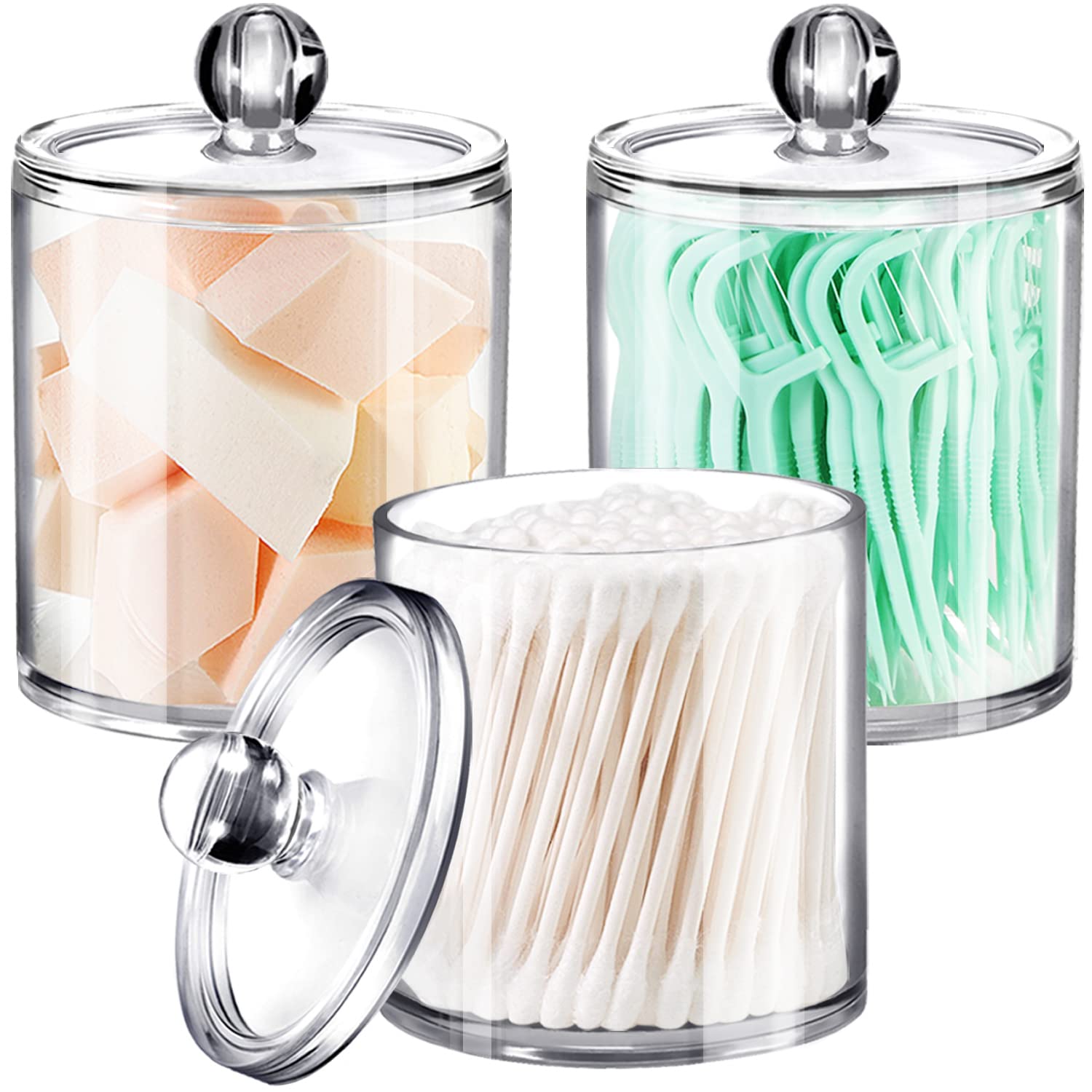 SheeChung 3 Pack Qtip Dispenser Apothecary Jars Bathroom with Labels-Clear Plastic Qtip Holder Storage Set for Cotton Ball,Cotto