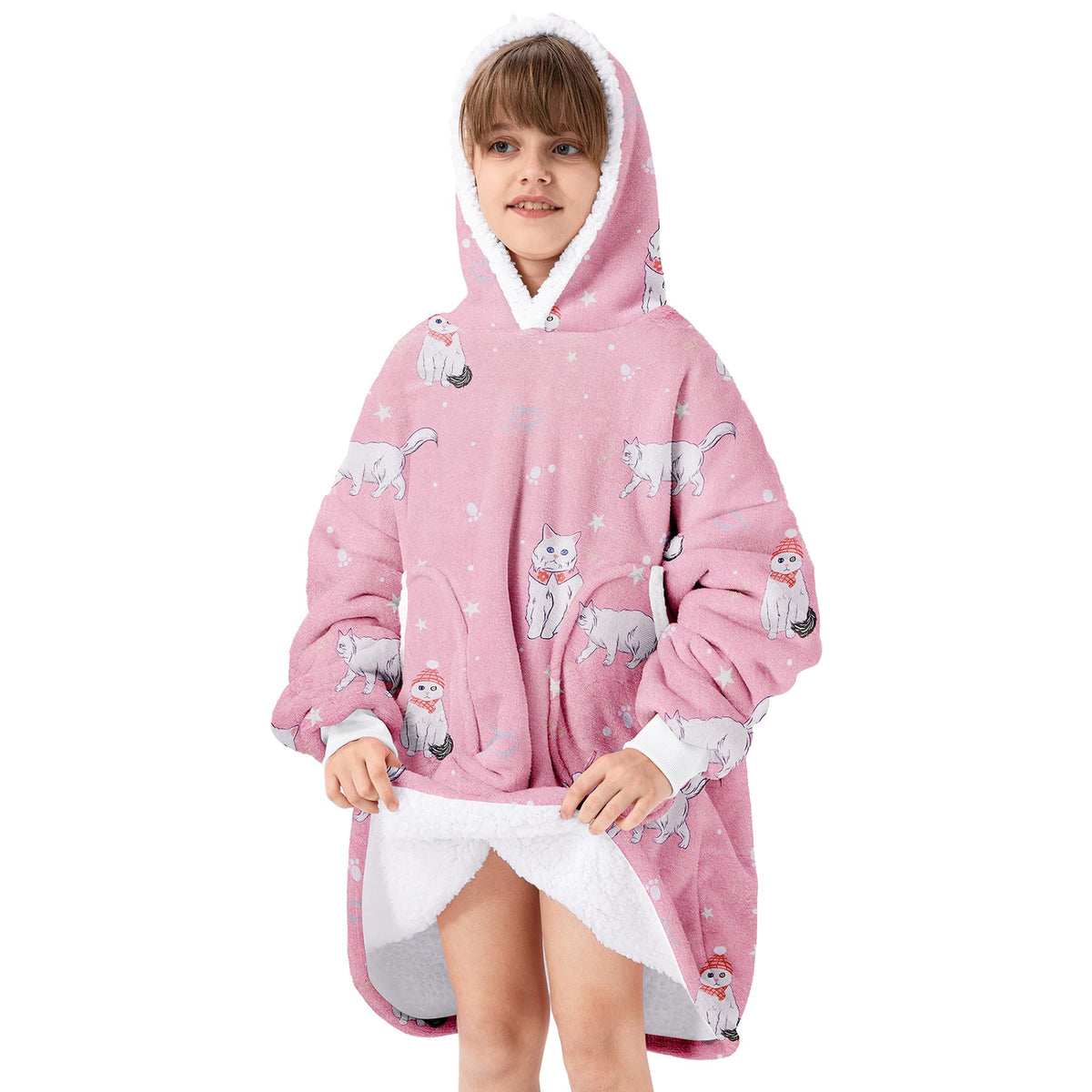Zando Cat Blanket Hoodie Pink Blanket For Kids Cozy Warm Hooded Blanket For Boys Girls Oversized Wearable Blanket Hoodies Sherpa