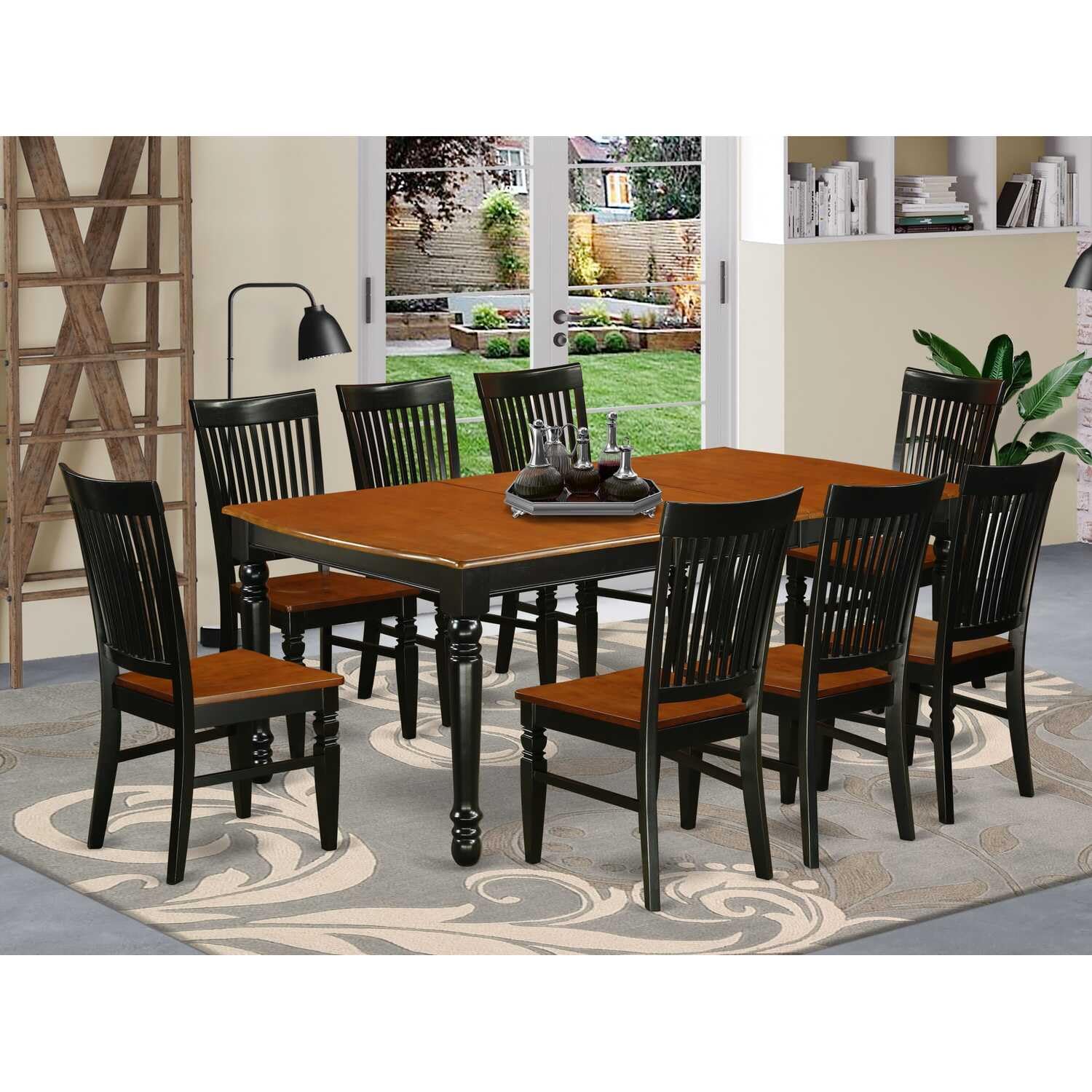 East West Furniture DOWE9-BCH-W 9 PC Kitchen Tables and Chair Set with 1 Dover Table and 8 Chairs in a Black and Cherry Finish