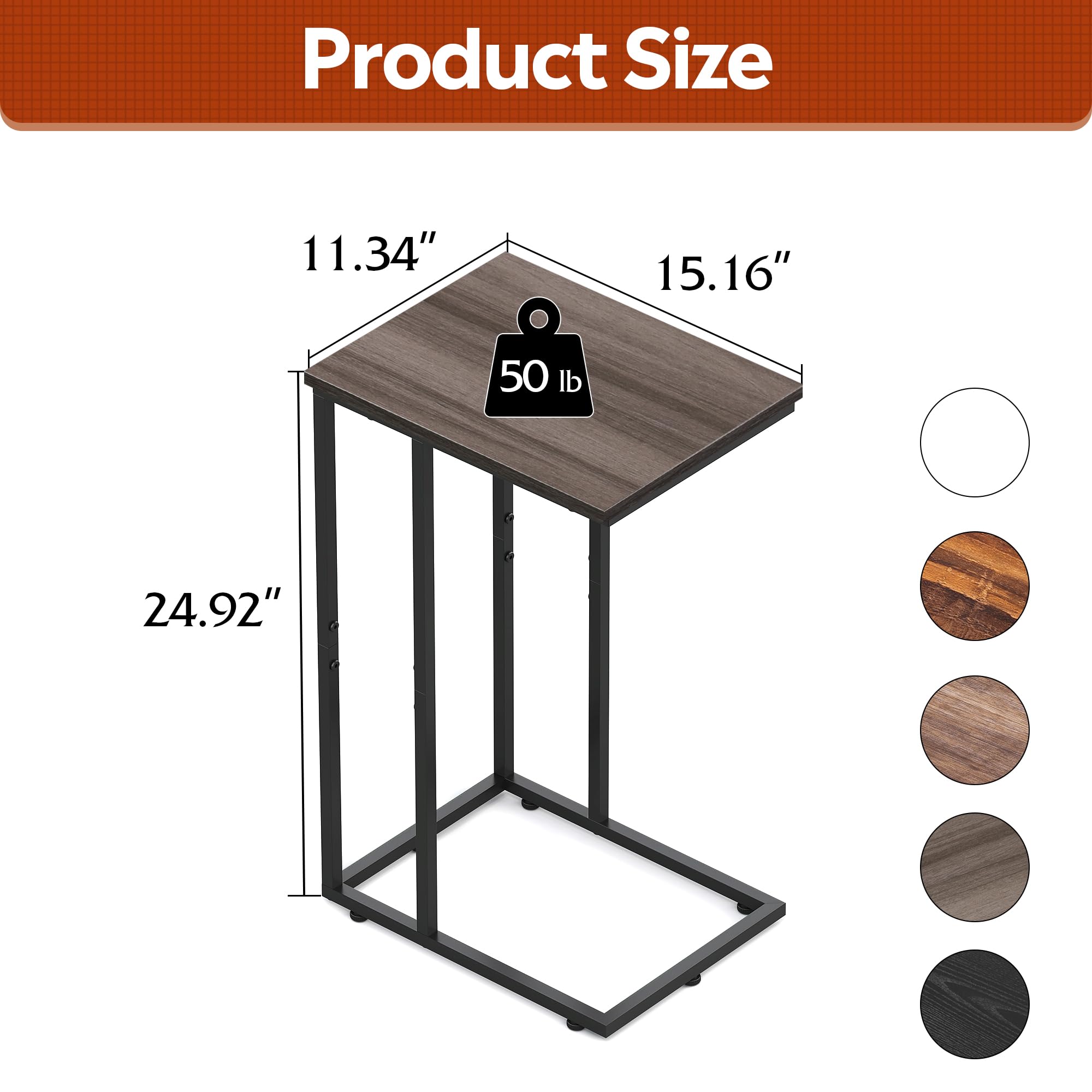 Wlive Small Side Table, C Shaped End Table For Couch, Sofa And Bed, Tv Tray Table That Slides Under For Living Room, Bedroom, Bedside, Gray And Black