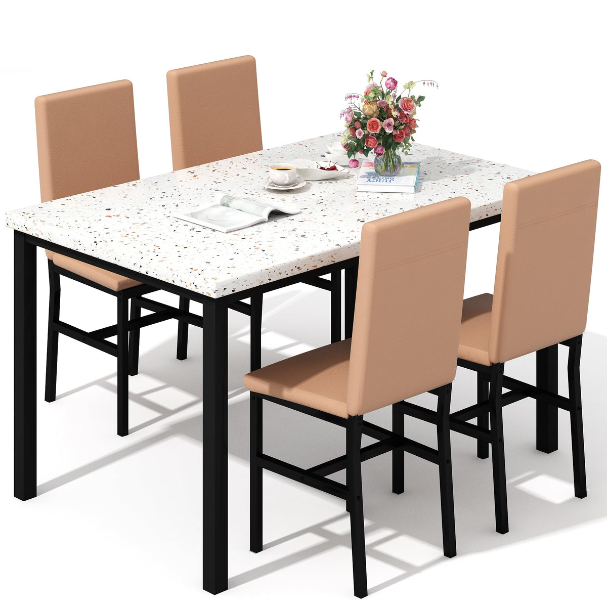 Hooseng 5 Piece Dining Table Set For 4, Small Faux Marble Kitchen Table With 4 Pu Leather Chairs, Modern Dining Room Table Set F