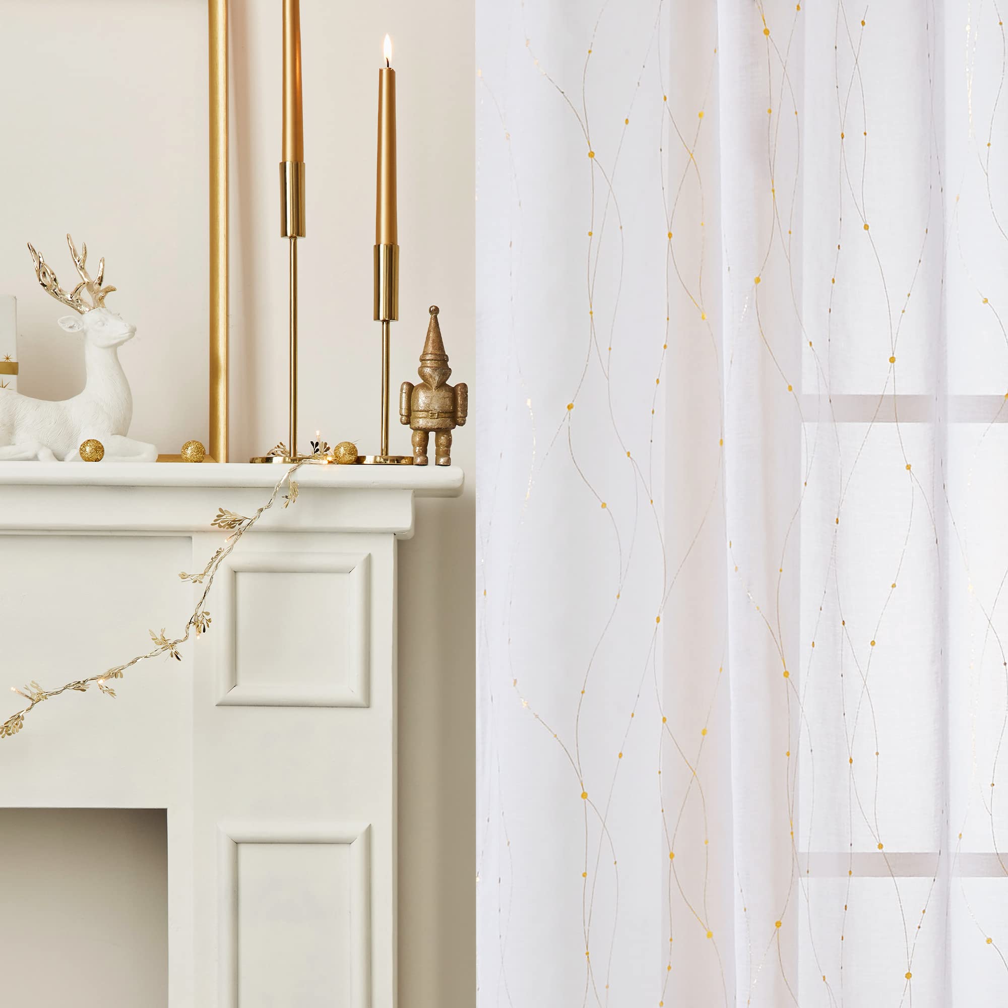 Deconovo Gold Printed Sheer Curtains 84 Inch Length 2 Panels Set, Voile Curtains Semi Sheer Drapes, Light Filtering Curtains For