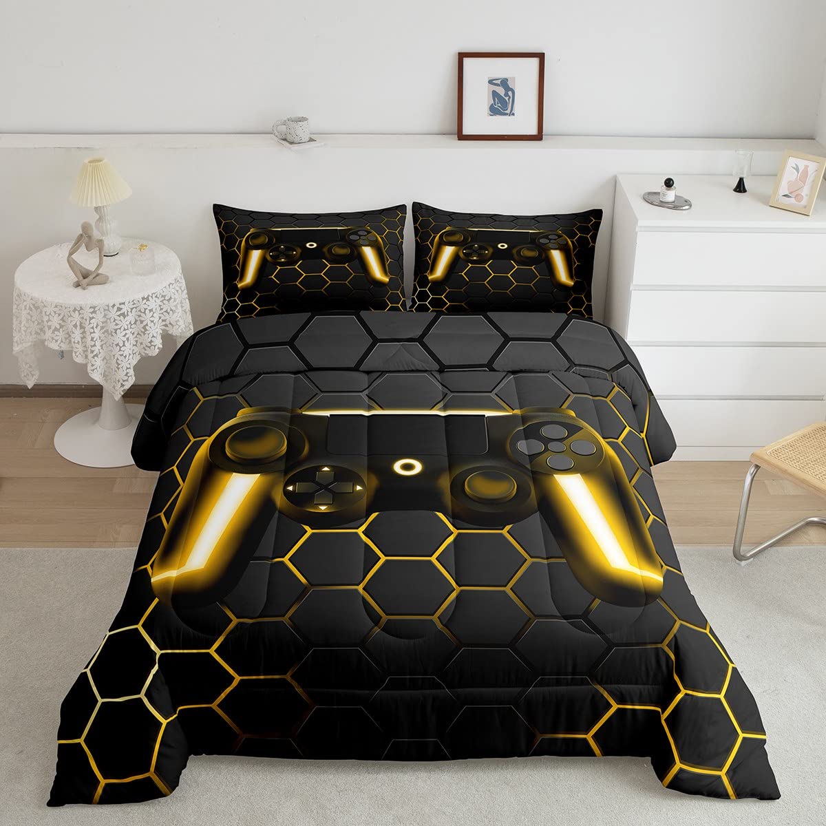 Game Bedding Sets For Boys,Gaming Comforter Set Twin,Kids Gamer Duvet Set Neon Lights Gamepad Bed Set For Teen Men Bedroom,Geome