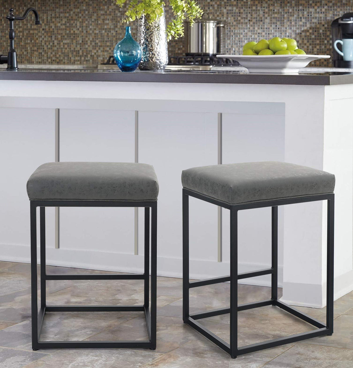 Maison Arts Counter Height 24' Bar Stools Set Of 2 For Kitchen Counter Backless Modern Barstools Industrial Upholstered Faux Leather Stools Farmhouse Island Chairs, (24 Inch, Grey)