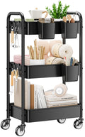 YASONIC 3 Tier Rolling Cart - Metal Utility Cart with Wheels, Hanging Cups, Hooks, Heavy Duty Mesh Rolling Storage Cart Organize