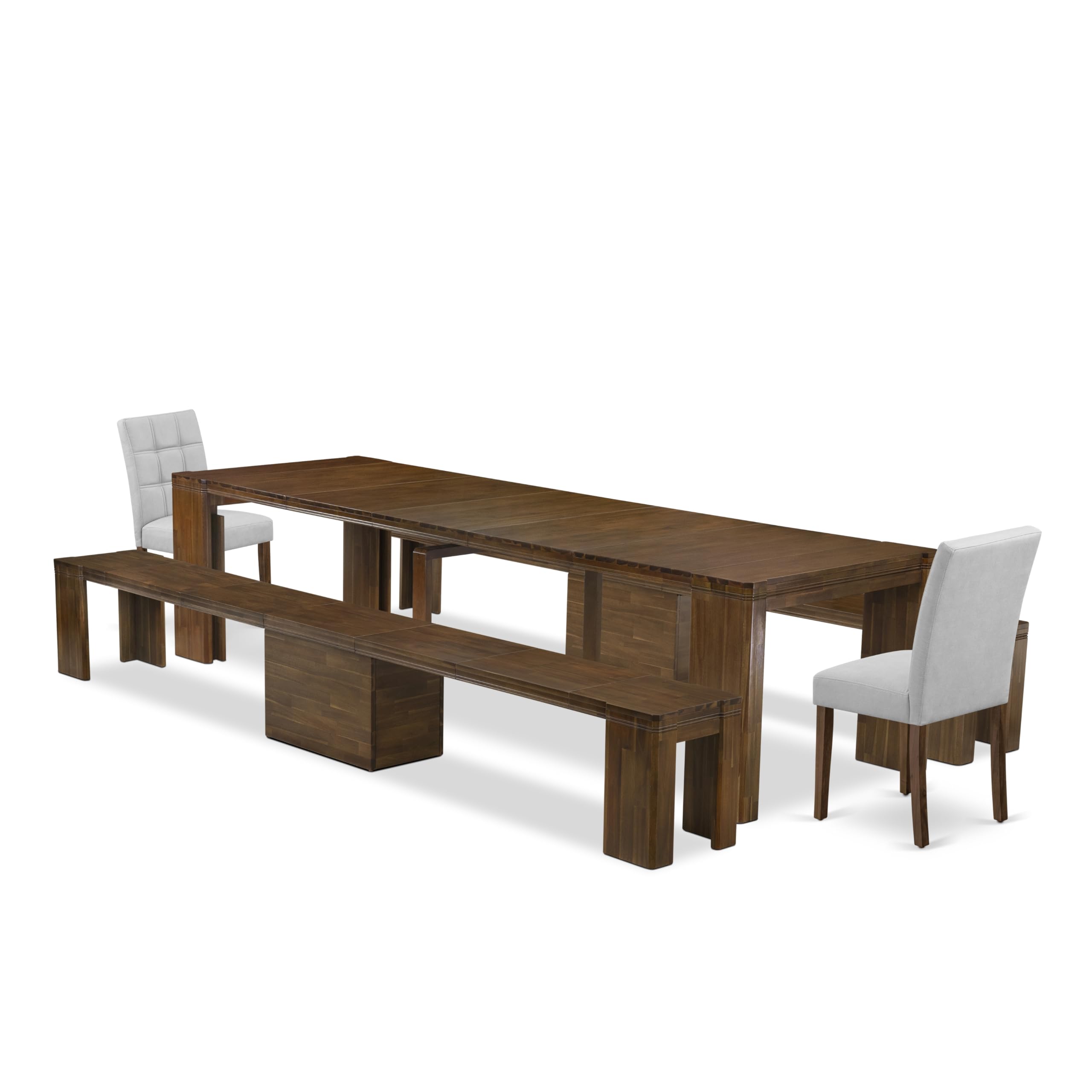 Luxe by East West Furniture - X02AS-208-08 - 5 Pieces Kitchen Table Set includes an Extendable Rectangle Kitchen Table, 2 Dining Chairs and 2 Modern Benches, 39x120 Inch, Antique Walnut