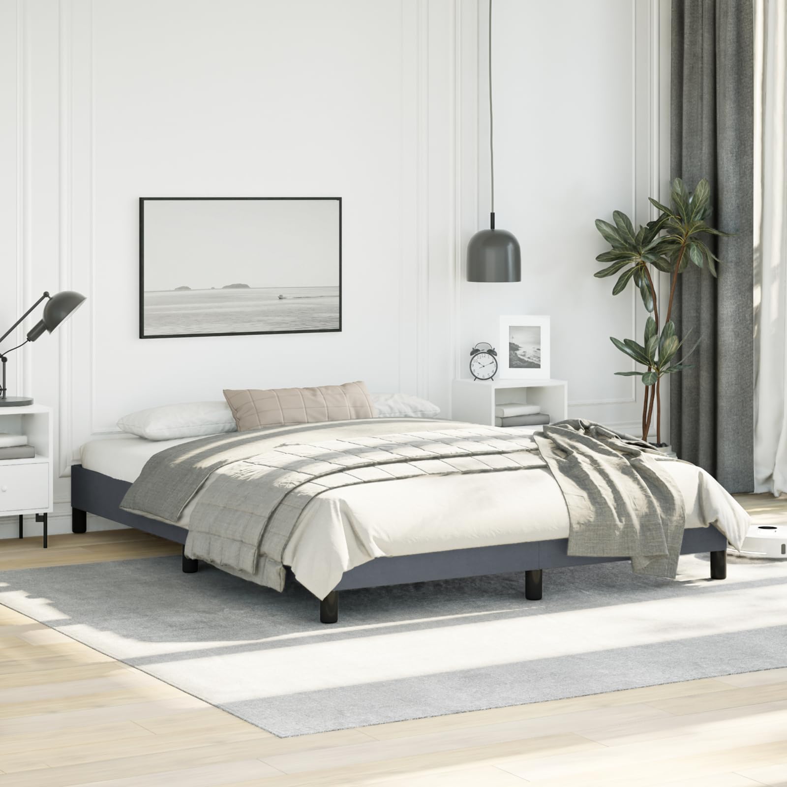 vidaXL Queen Size Bed Frame with Plywood Slats, Platform Bed Frame, Velvet Upholstered Mattress Foundation, No Box Spring Needed & Easy Assembly, Dark Gray, Without Mattress