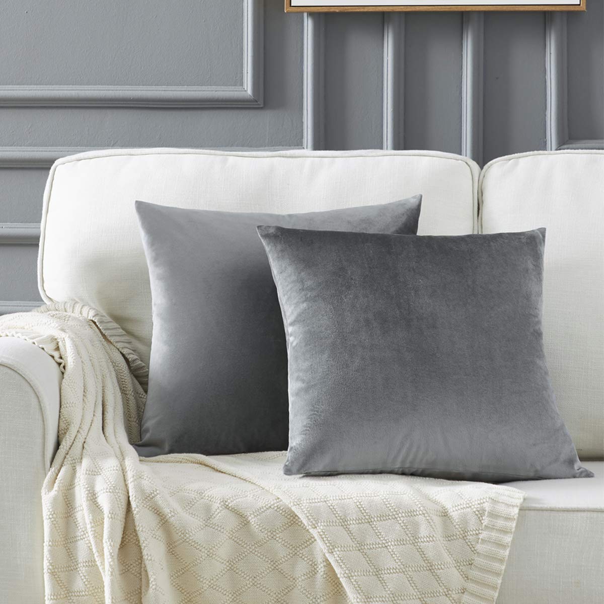 Gigizaza Deep Grey Velvet Decorative Throw Pillow Covers For Sofa Bed 2 Pack Soft Cushion Cover