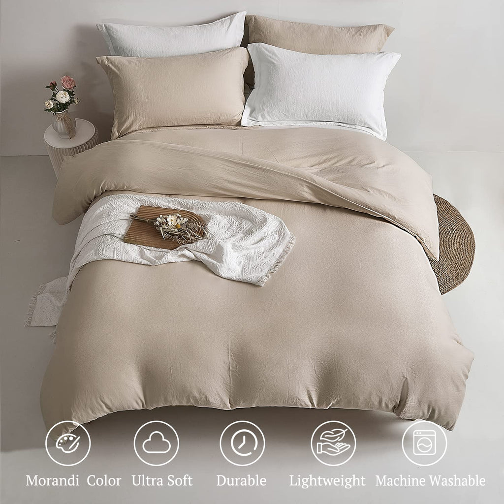Mildly Super Soft Duvet Cover - 100% Washed Microfiber Light Khaki Comforter Cover Set 3 Pieces With Zipper Closure & Corner Tie