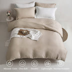 Mildly Super Soft Duvet Cover - 100% Washed Microfiber Light Khaki Comforter Cover Set 3 Pieces With Zipper Closure & Corner Tie