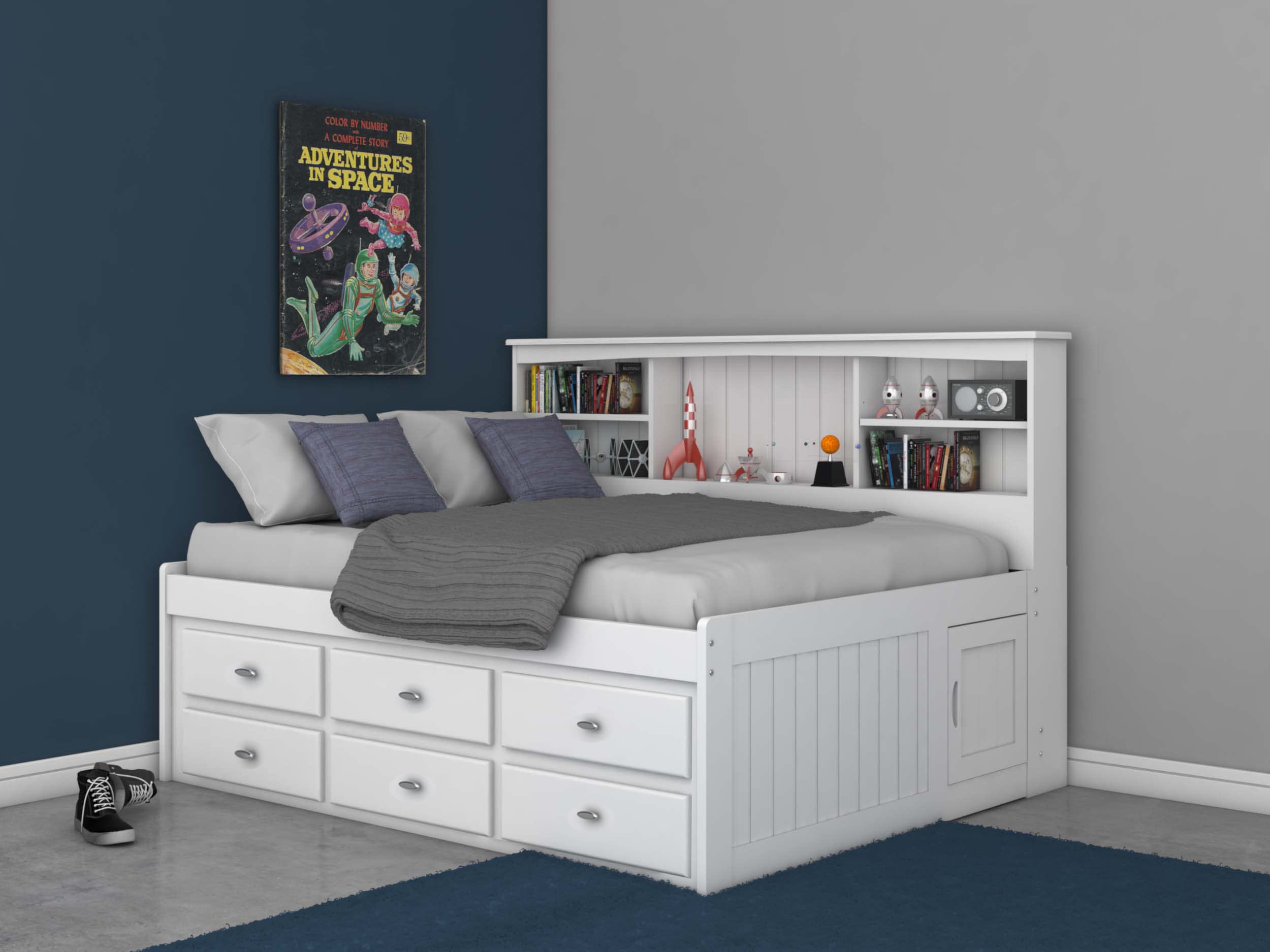 OS Home and Office Furniture Model 80223K6-22, Solid Pine Full Bookcase Daybed with 6 Drawers in Casual White
