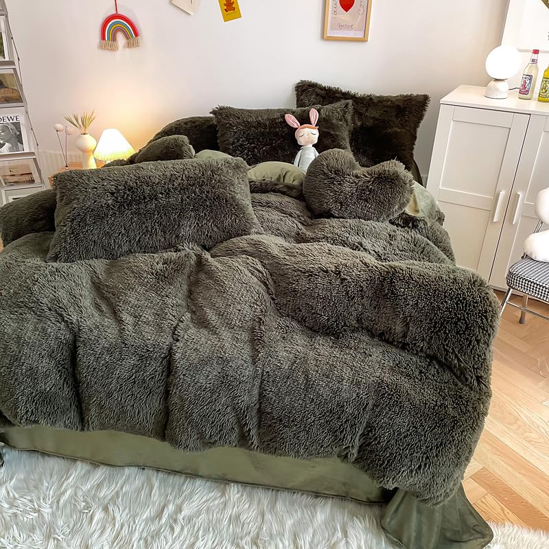 Chovy Faux Fur Plush Blackish Gree Comforter Sets Twin - Ultra Soft Shaggy Flannel Velvet Fluffy Fuzzy 3Pc Bedding Set (Comforte