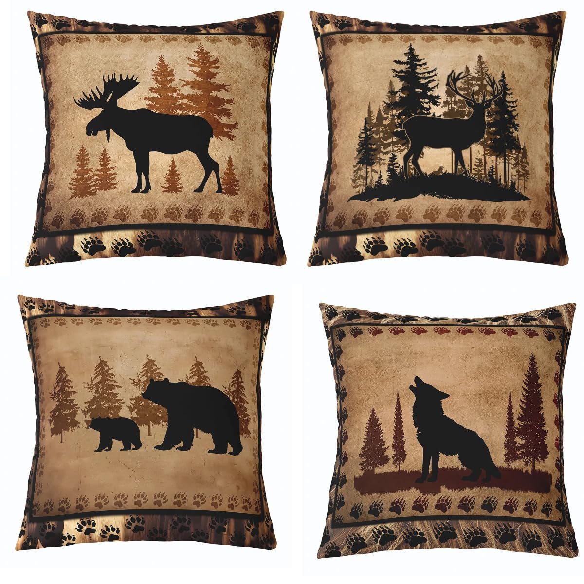 Set Of 4 Vintage Bear Throw Pillow Covers,Cabin Deer Hunting Cushion Case For Home Living Room Decor, Reversible Farmhouse Wolf