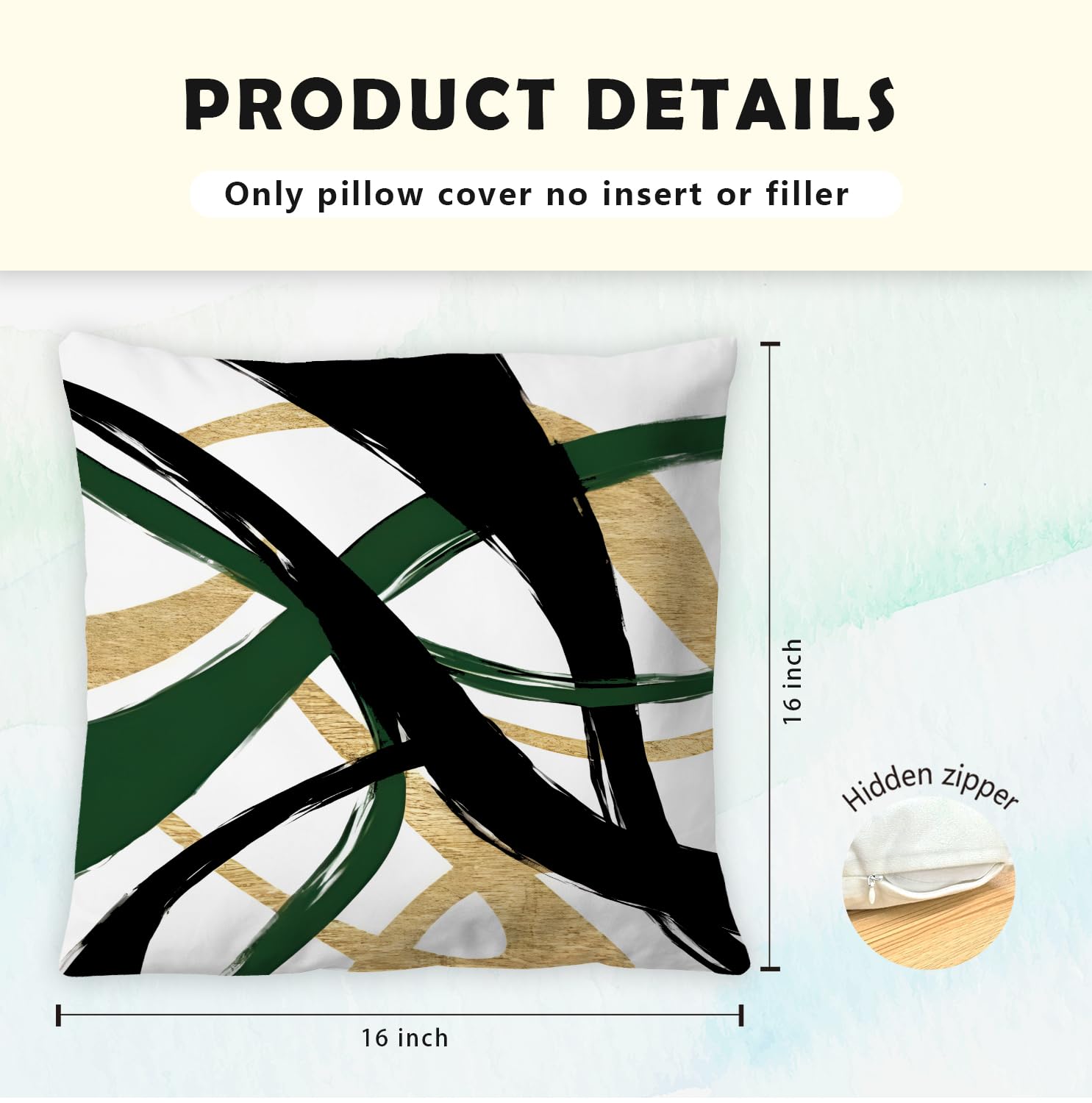 Supwhd Black Gold And Green Pillow Covers, Abstract Black And Gold Pillow Covers 16X16 Set Of 2, Modern Boho Decorative Throw Pi