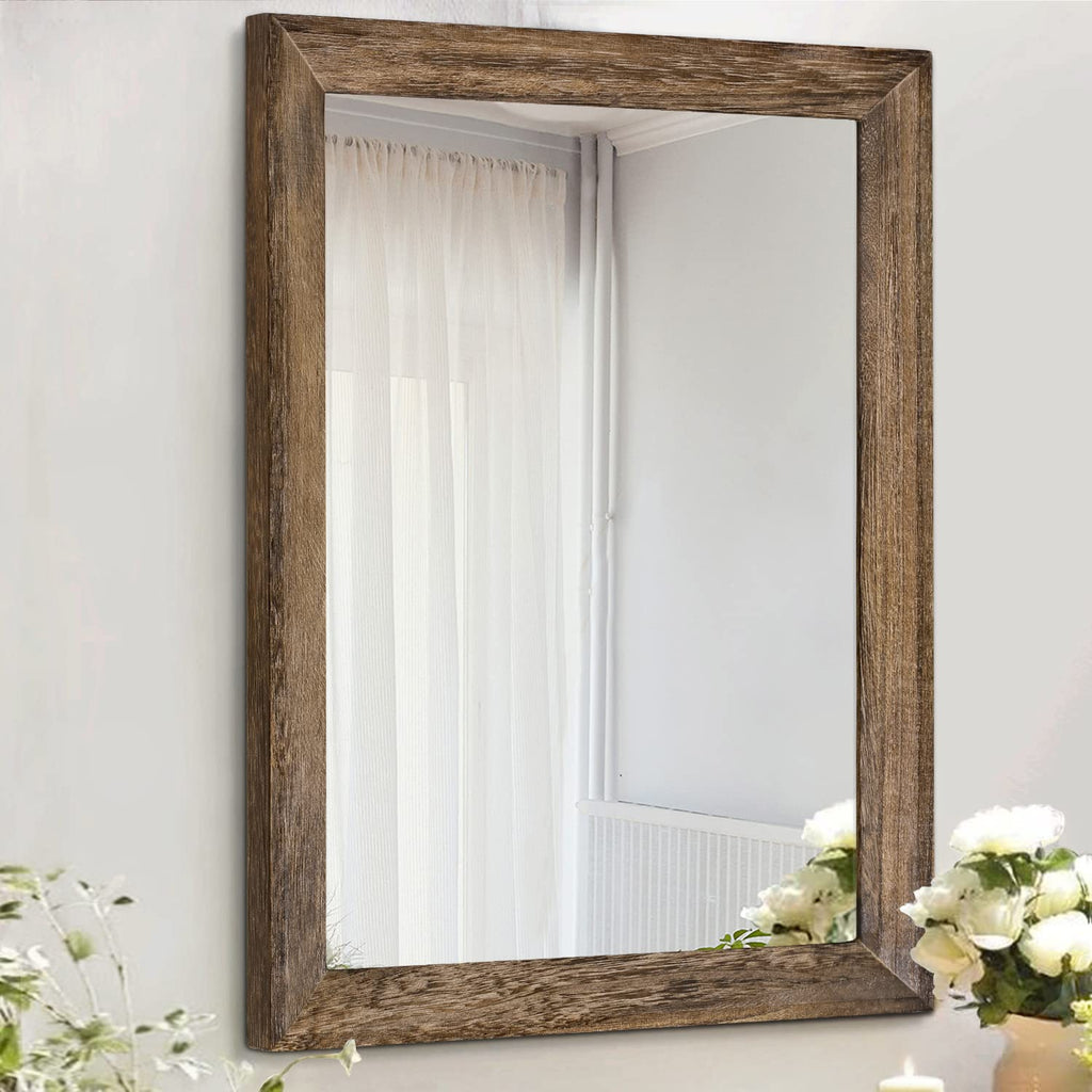 AAZZKANG Rustic Wood Mirror Rectangle Decorative Wall Mirror with Frame Bedroom Living Room Bathroom Hanging Mirror Brown