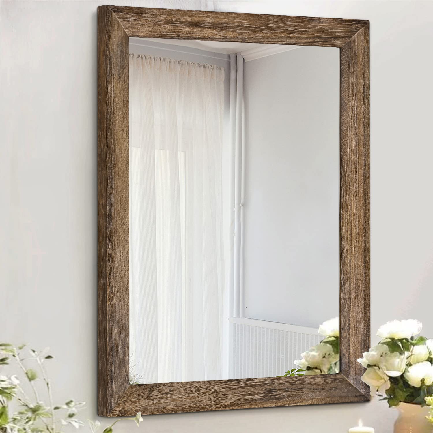 AAZZKANG Rustic Wood Mirror Rectangle Decorative Wall Mirror with Frame Bedroom Living Room Bathroom Hanging Mirror Brown
