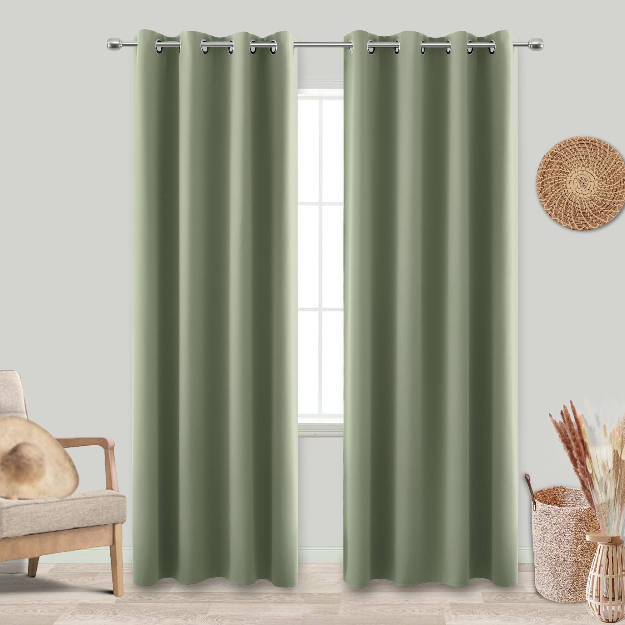 Koufall Dark Sage Green Boho Blackout Curtains 72 Inch Length For Bedroom 2 Panels Set Home Office Organic Decor Grommet Thermal Room Darkening Living Room Window Black Out Curtains 72 Inch Long