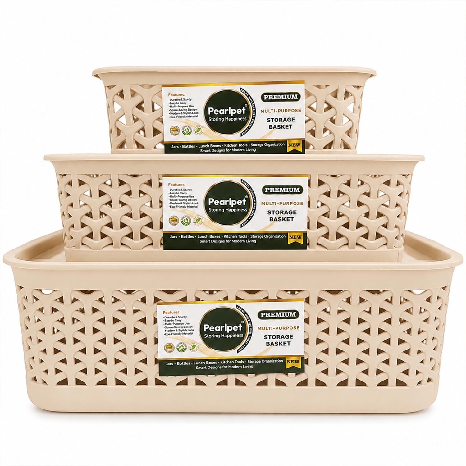 Pearlpet Everyday Basket Set Of 3 With Lid | Mini, Medium & Large MultiPurpose Plastic Storage Baskets | Stackable Organiser Fo