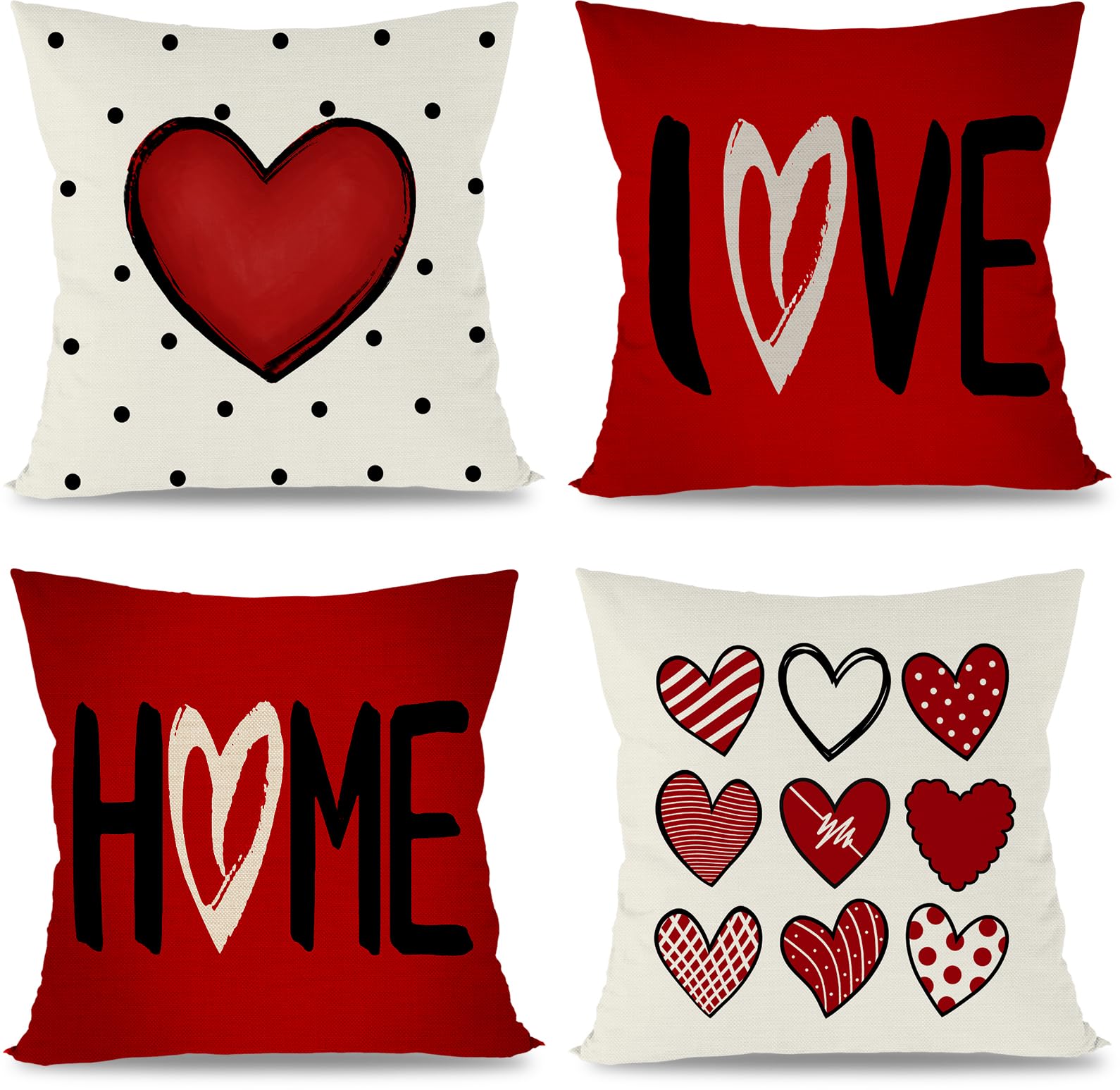 Fuyuchen Valentines Day Pillow Covers 16X16 Inch Set Of 4 For Valentines Decor Red Black Dots Love Heart Valentines Throw Pillow