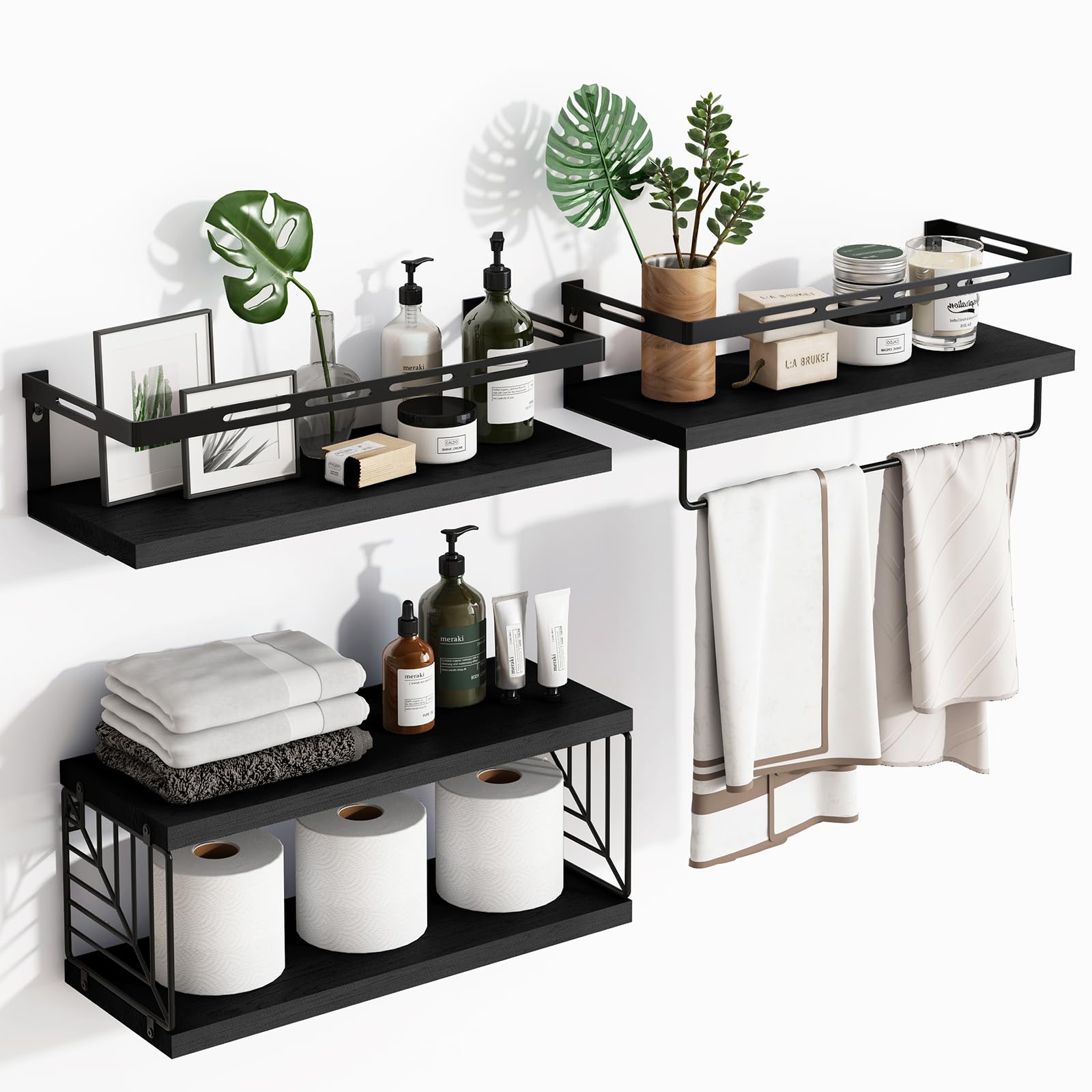 Fixwal 3+1 Tier Wall Mounted Bathroom Shelves Over Toilet, Rustic Wood Floating Shelves With Metal Frame And Towel Bar For Bathroom, Kitchen, Bedroom, Living Room (Black)