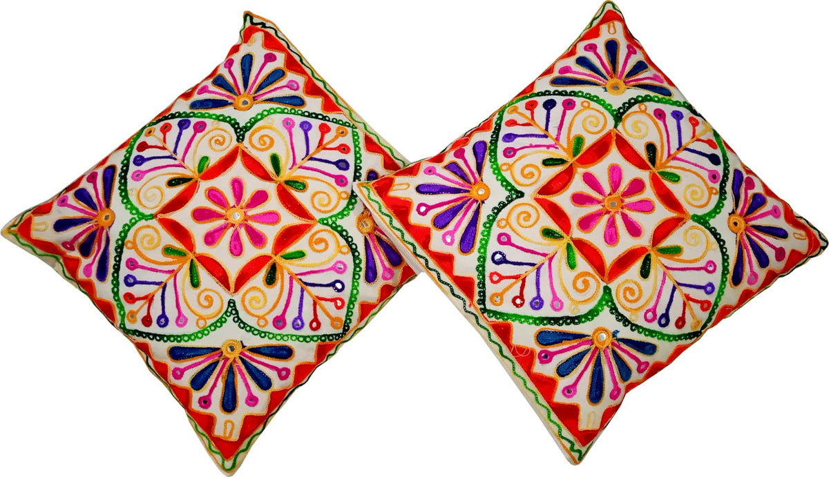 Purpledip Cotton Throw Pillow Cushion Covers Mystic Beauty: Ethnic Design Embroidery, Set Of 2, 16 Inches (12445L)