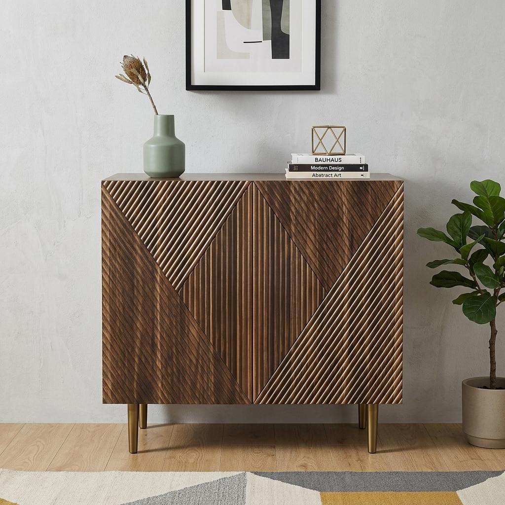 32 Brown Wood Carved Geometric Sideboard With Two Doors