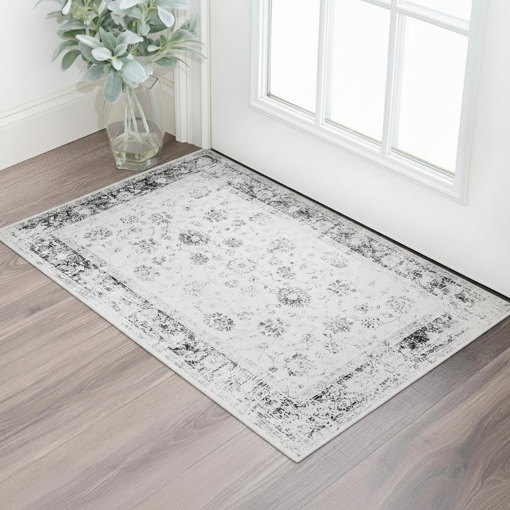 3 X 5 Ivory And Charcoal Oriental Distressed Washable Area Rug
