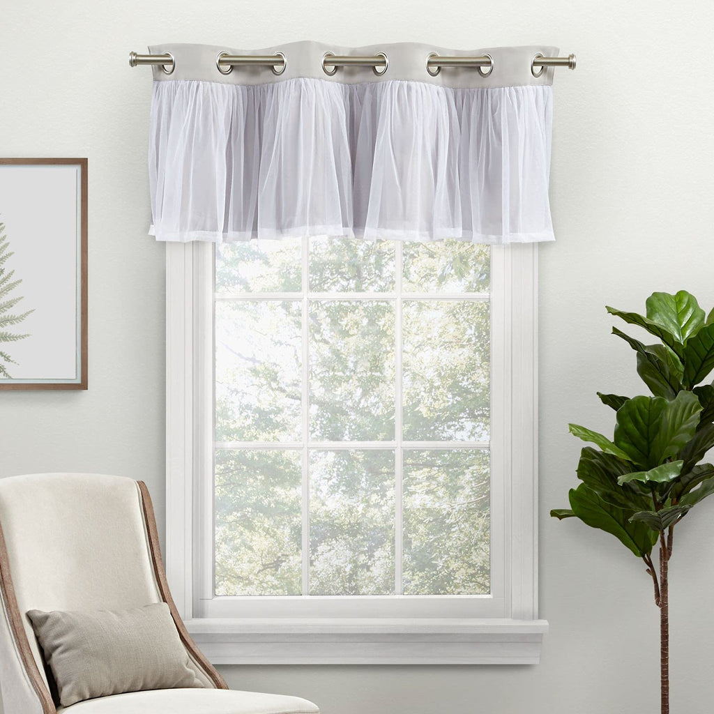 Exclusive Home Catarina Layered Room Darkening Blackout and Sheer Grommet Top Valance, 52''x18'', Cloud Grey