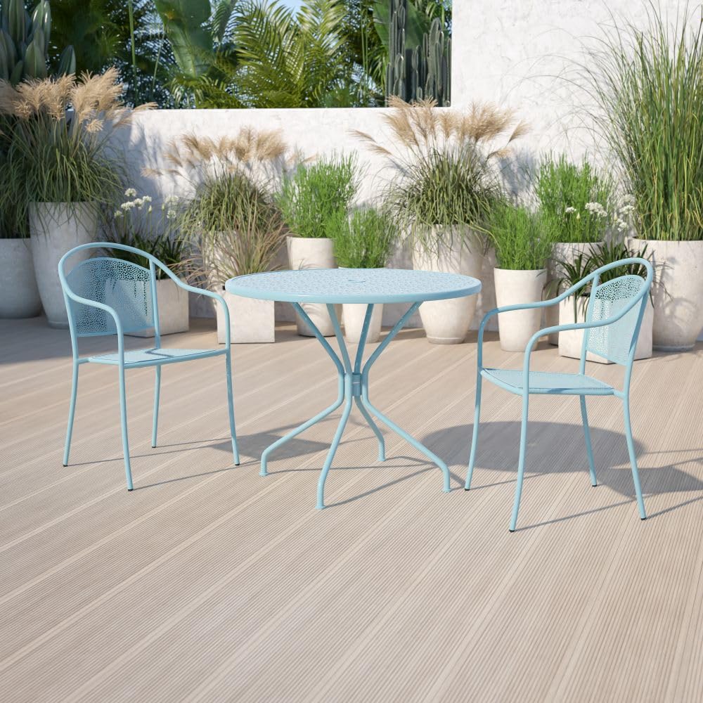 Flash Furniture Oia Commercial Grade 35.25" Round Sky Blue Indoor-Outdoor Steel Patio Table With Umbrella Hole