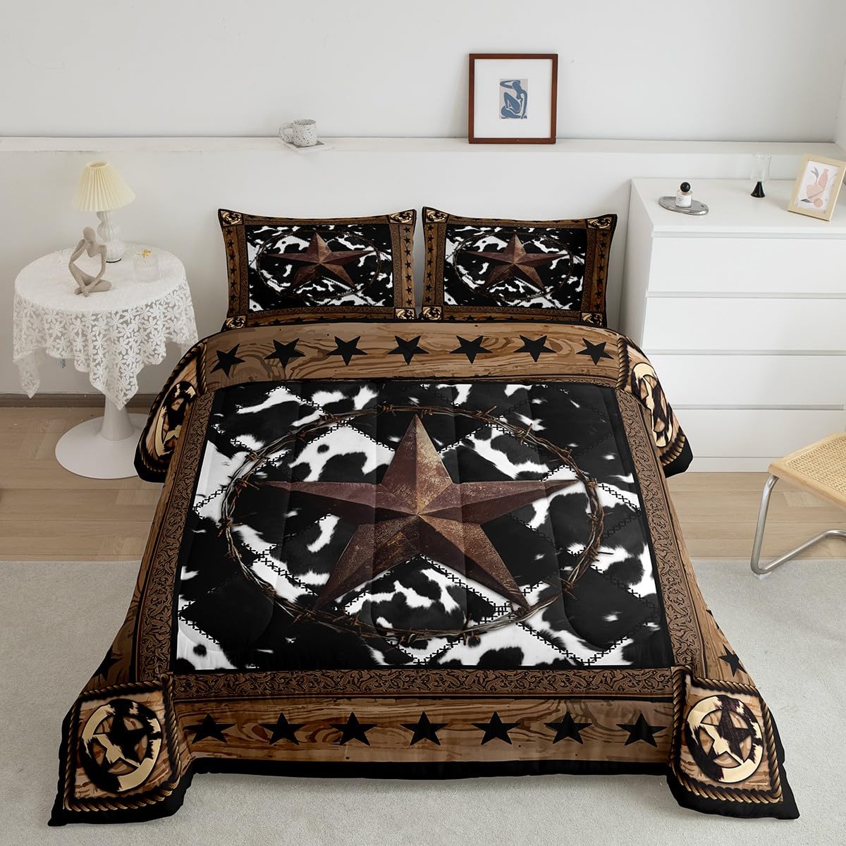 Western Texas Star Kids Comforter Set Queen Size,Cow Fur Wooden Plank Patchwork Bedding Set,Boys Girls Adults Room Decor,Western