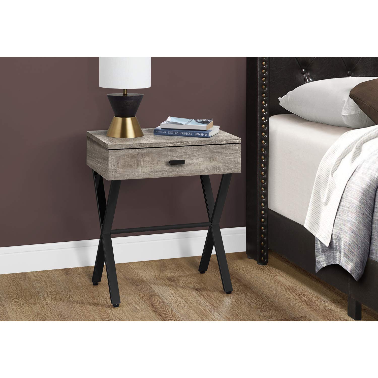 Monarch Specialties I TABLE-24 H/Taupe Reclaimed Wood/Black Metal Accent, END Table, Night Stand, Brown