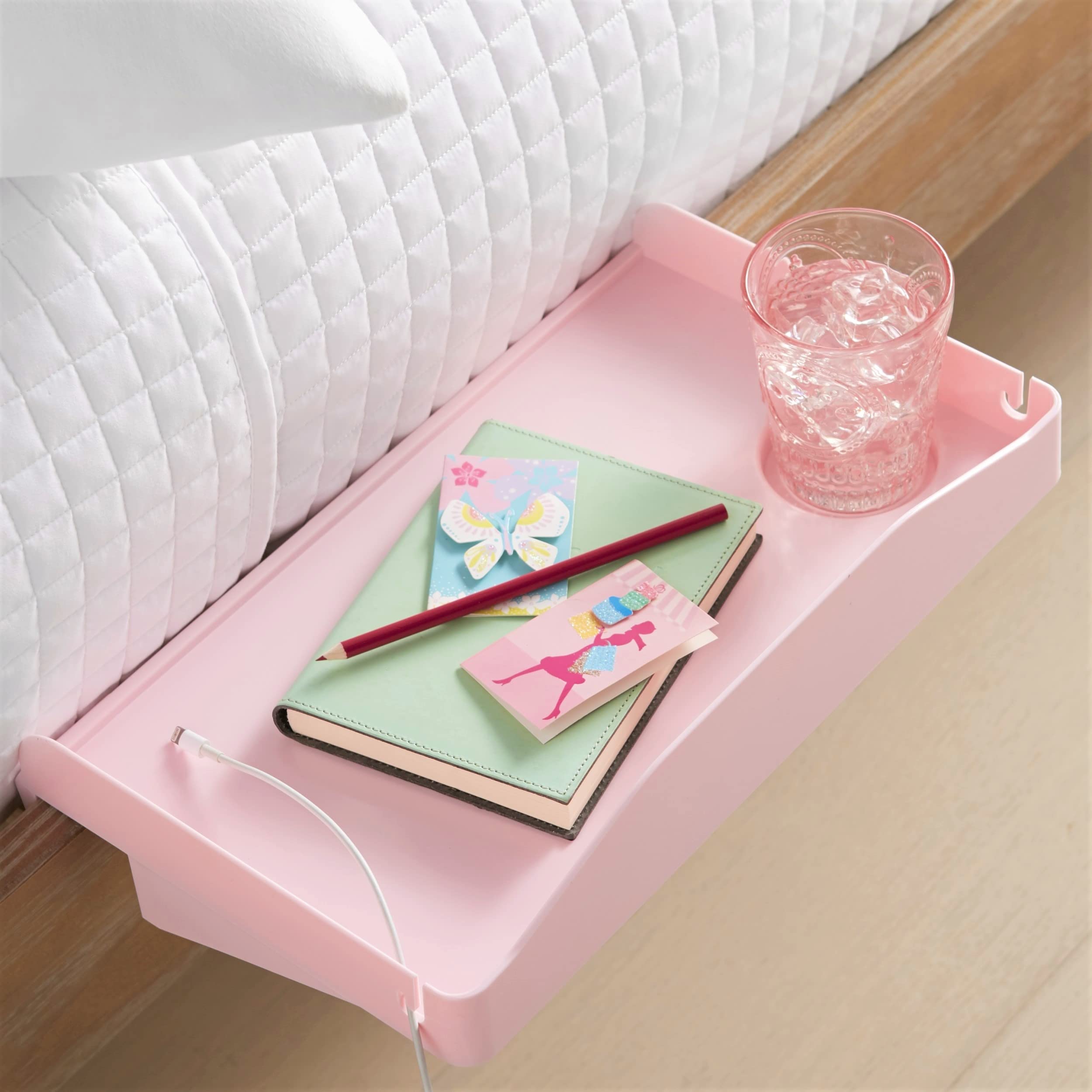 Modern Innovations Bedside Shelf For Bed, College Dorm Room, Bunk Bed Shelf For Top Bunk, Clip On Nightstand, Baby Changing Table Tray, Cup Holder For Kids, Bunkbed Caddy For Table Storage (Pink)