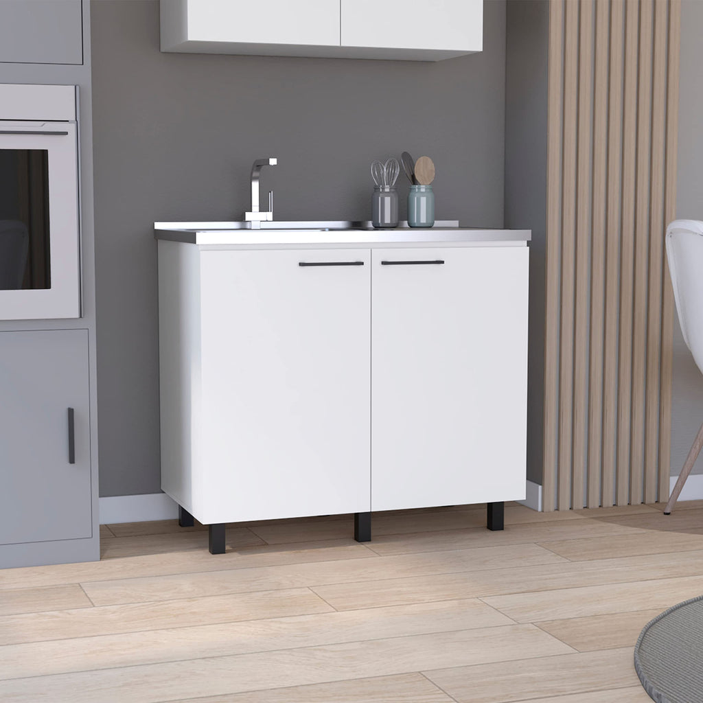 Salento 2 Freestanding Utility Base Cabinet With Stainless Steel Countertop And 2-Door, White