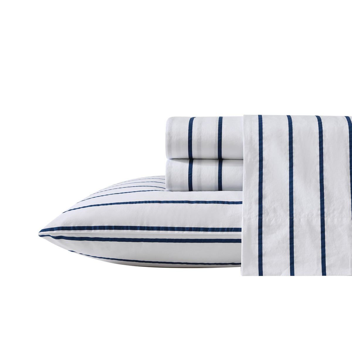 Nautica - Full Sheet Set, Cotton Percale Bedding Set, Crisp & Cool, Lightweight & Breathable (Brenton Stripe Navy Blue, Full)