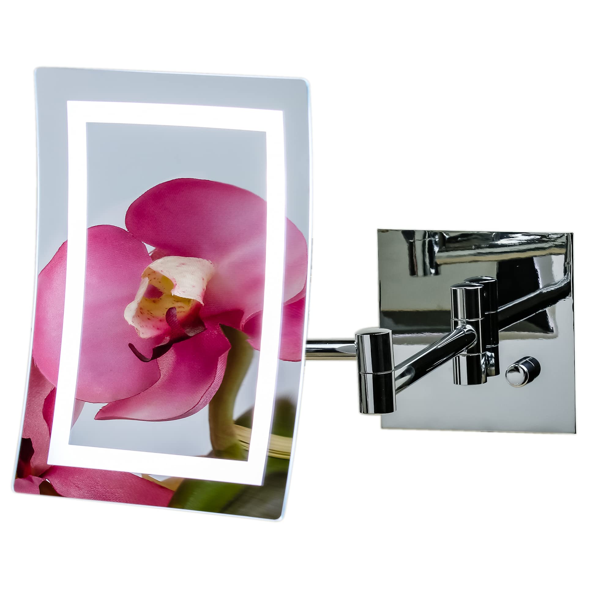 Ovente 7' Lighted Wall Mount Makeup Mirror, 7X Magnifier, Square White LED w/Dimmer Switch, One Sided Adjustable, Extend & Fold