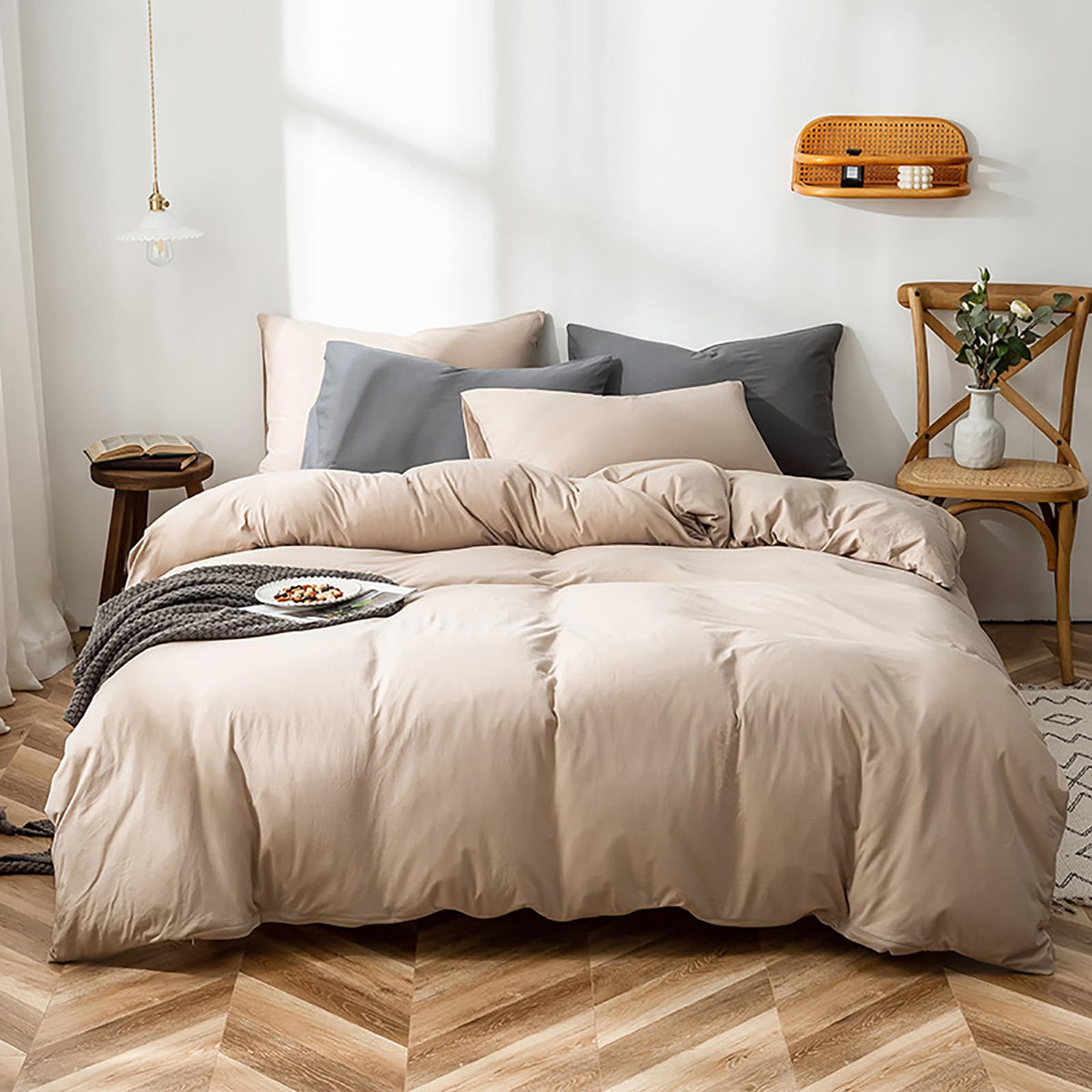 Luxlovery Khaki Comforter Set Full Cream Coffee Bedding Comforter Set Minimalist Bedding Set Solid Dark Champagne Blanket Quilts