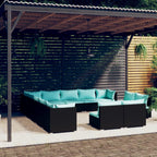 vidaXL 13 Piece Patio Lounge Set – Outdoor Furniture Set with Comfortable Water-Resistant Cushions – Durable Poly Rattan and Powder-Coated Steel – Modern Black and Water Blue Design