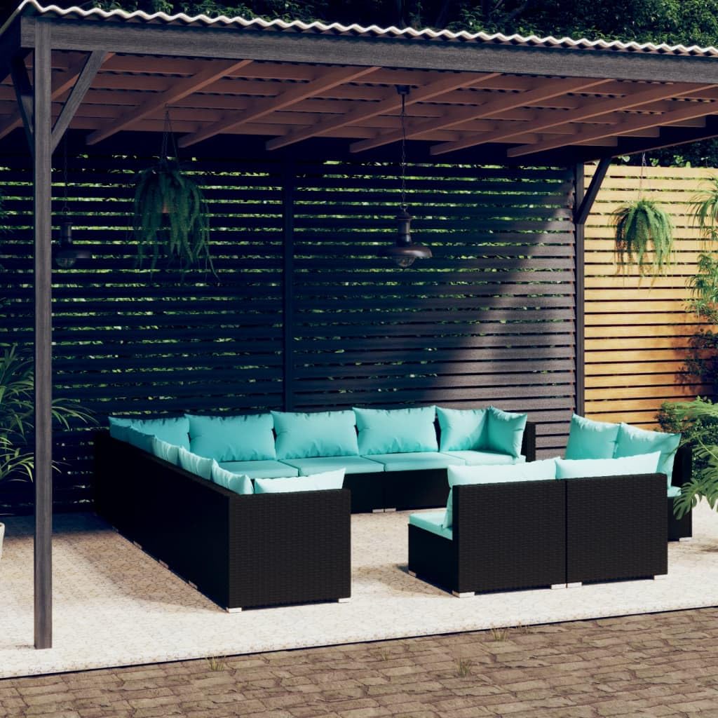 vidaXL 13 Piece Patio Lounge Set – Outdoor Furniture Set with Comfortable Water-Resistant Cushions – Durable Poly Rattan and Powder-Coated Steel – Modern Black and Water Blue Design