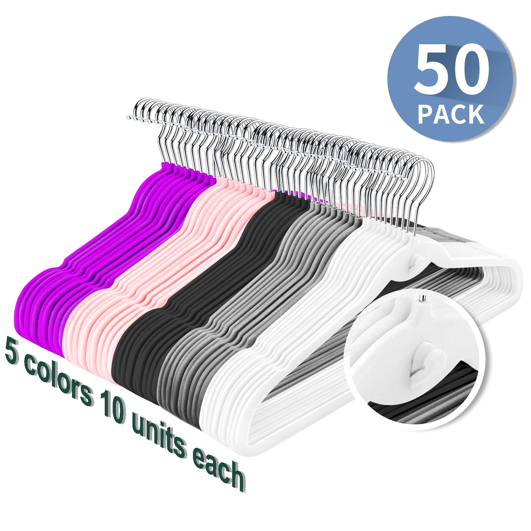 Hozyfrozy Multi-Color Premium Velvet Hangers With Mini Hooks, Pack Of 50, Non-Slip Space Saving Cascading Clothes And Suit Hange